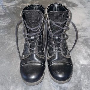 Guess Black Rhinestone Zipper Detailed Combat Boots
